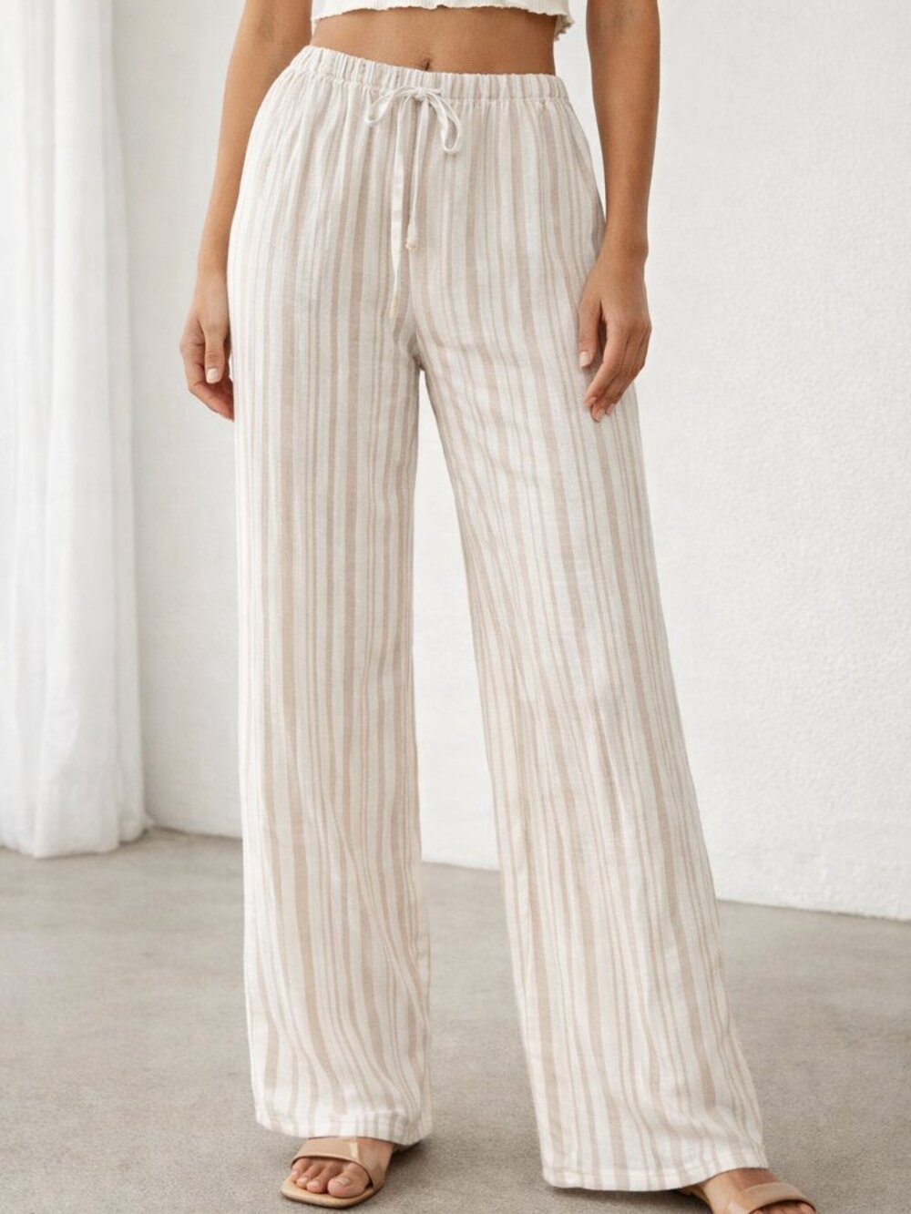 Cream Stripe Wide Leg Linen Blend By Pink Republic Size Medium